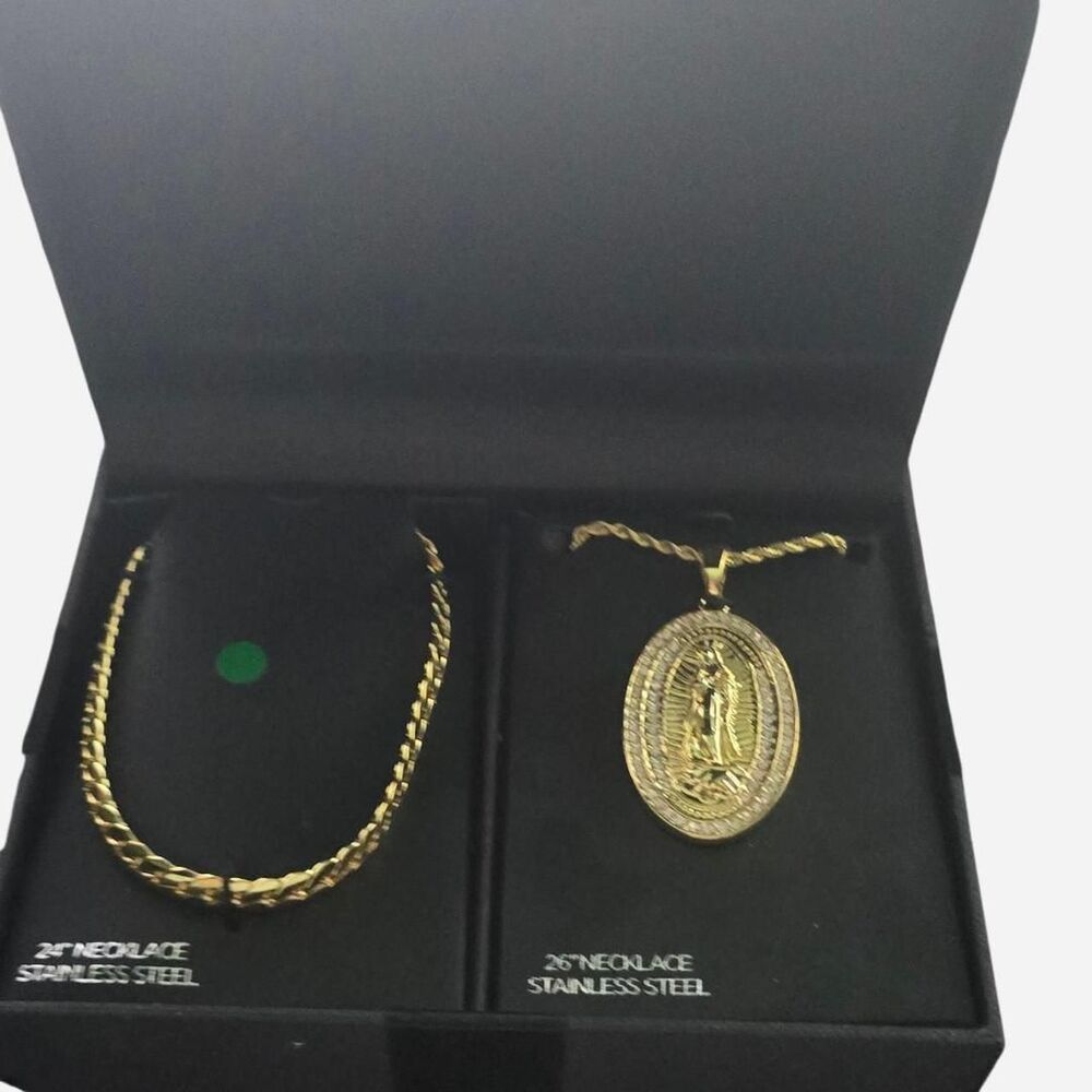 Set of 2 Gold Stainless Steel Men’s Necklaces | 24" & 26" Religious Pendant